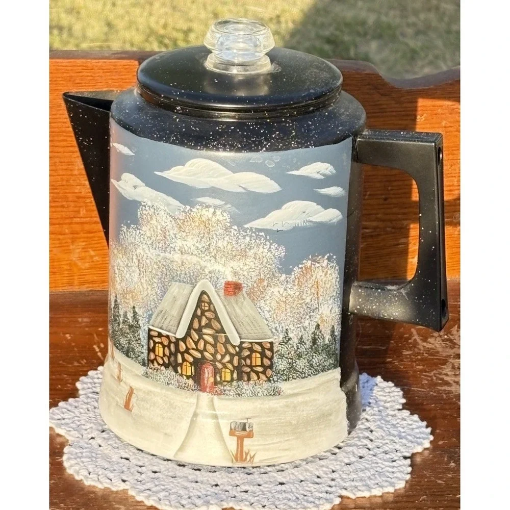 Vtg Light Blue Metal Pyres Coffee Pot Perculator Hand Painted Winter Home Scene